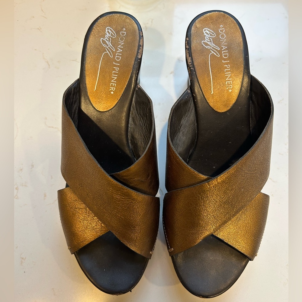 Bronze Metallic Leather Wedge Slides
